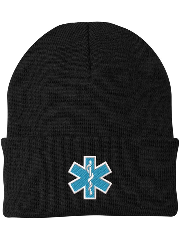 EMS EMT Emergency Medical Star of Life Embroidered Knit Winter Acrylic Unisex Watch Cap Hat (Black)