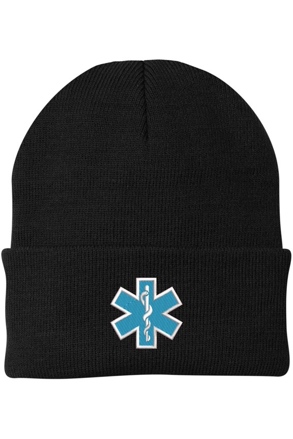 EMS EMT Emergency Medical Star of Life Embroidered Knit Winter Acrylic Unisex Watch Cap Hat (Black)