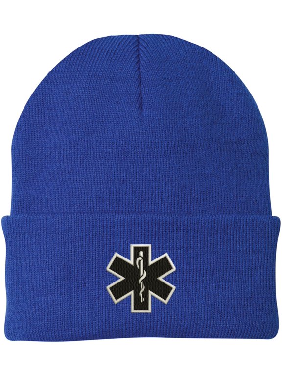 EMS EMT Emergency Medical Star of Life Embroidered Knit Winter Acrylic Unisex Watch Cap Hat (Royal/Black)