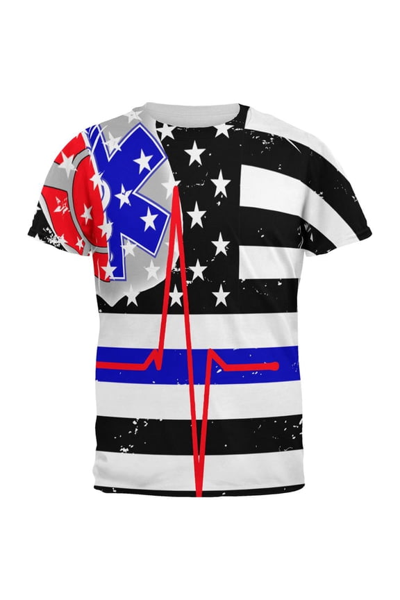 EMS EMT Firefighter Thin Blue Lives Line Flag All Over Mens T Shirt Multi LG