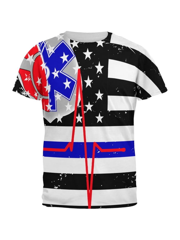 EMS EMT Firefighter Thin Blue Lives Line Flag All Over Mens T Shirt Multi X-LG
