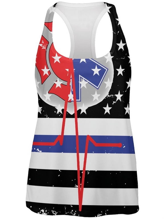 EMS EMT Firefighter Thin Blue Lives Line Flag All Over Womens Work Out Tank Top Multi LG