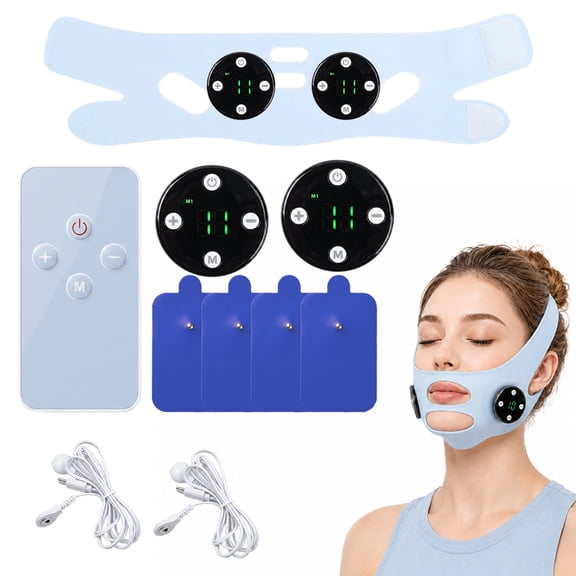 EMS Facial Massager, Wearable Face Wrap with Body Electrode Pads, 8 Modes 19 Intensity Levels, Remote Control, Rechargeable Face and Body Massage Device, Blue