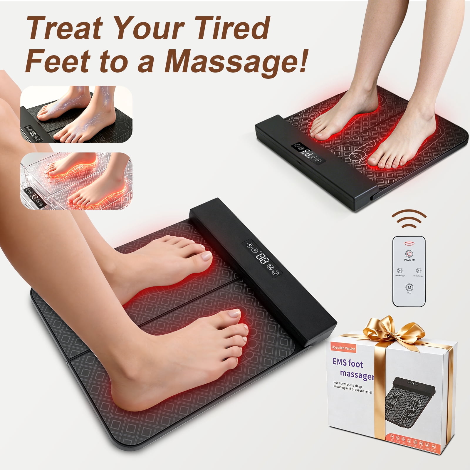 EMS Foot Massager Mat, 8 Modes & 32 Intensities Rechargeable Foot Massage Pad with Remote Control, Foldable Portable Electric Foot Massager for Fatigue Relief, Leg Shaping & Foot Acupoint Stimulation