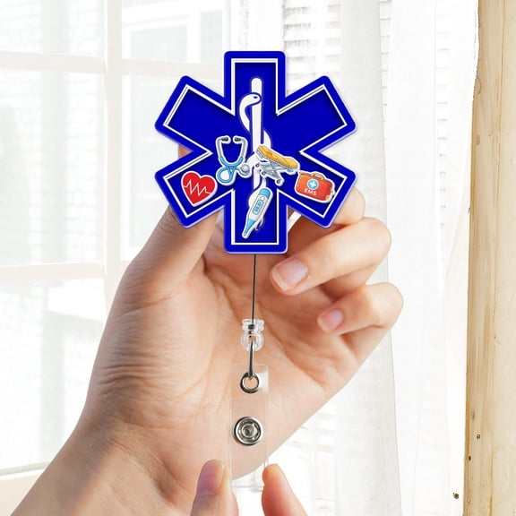 EMS Shaker Badge Reel, Star of Life EMT Paramedic ID Holder, Emergency Medical Shaker Badge Reel