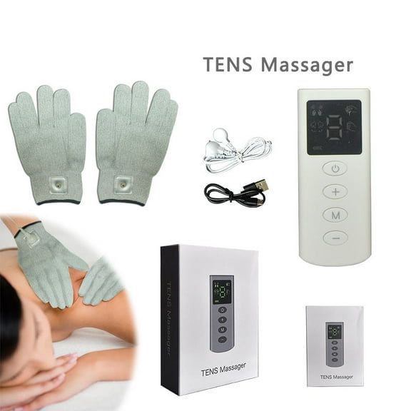 EMS TENS Wireless Massage Glove Silver Fiber Conductive USB Rechargeable with Digital Display and Remote for Hand & Finger Relaxation