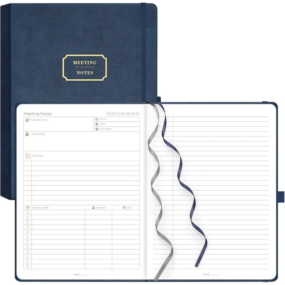 EMSHOI Meeting Notebook for Work with Action Items - 320 Pages B5 Thick Project Planner Agenda Organizer Work Notebook for Women Men Office Business Notes, PU Leather Hardcover, 7.5" x 10", Blue