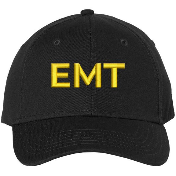 EMT Embroidered Text Baseball Cap | Emergency Medical Technician Paramedics Professional Hat | Structured (Black/Gold)