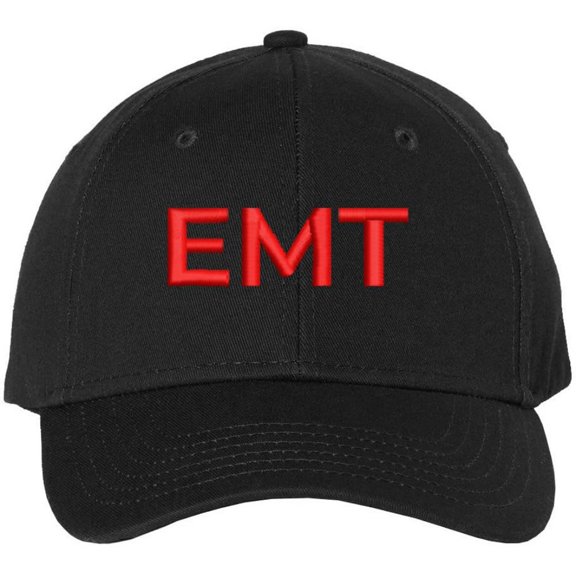 EMT Embroidered Text Baseball Cap | Emergency Medical Technician Paramedics Professional Hat | Structured (Black/Red)