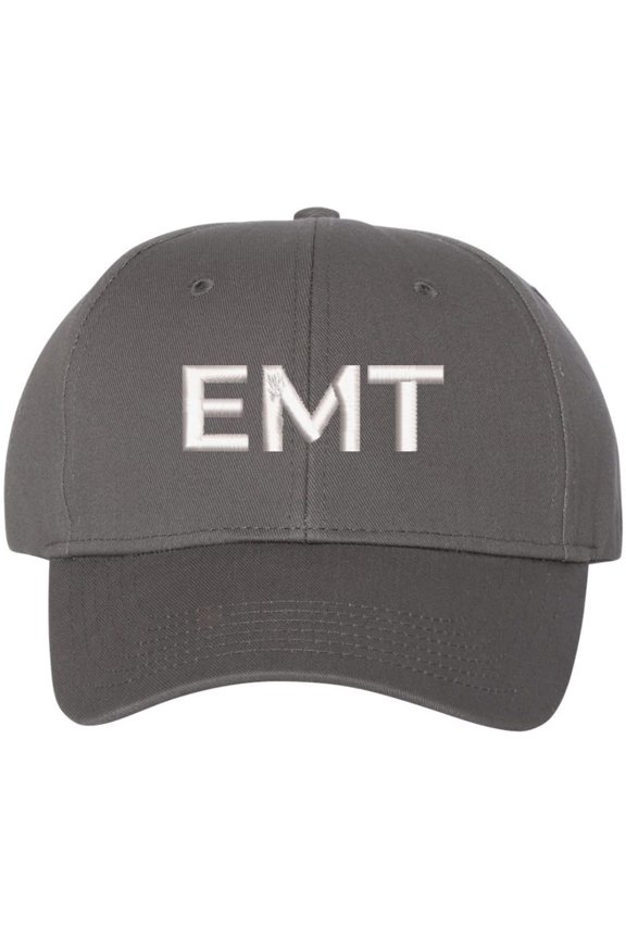 EMT Embroidered Text Baseball Cap | Emergency Medical Technician Paramedics Professional Hat | Structured (Chacoal/White)