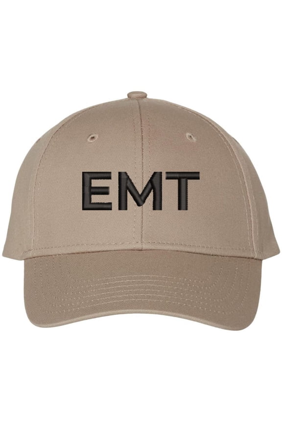 EMT Embroidered Text Baseball Cap | Emergency Medical Technician Paramedics Professional Hat | Structured (Khaki/Black)