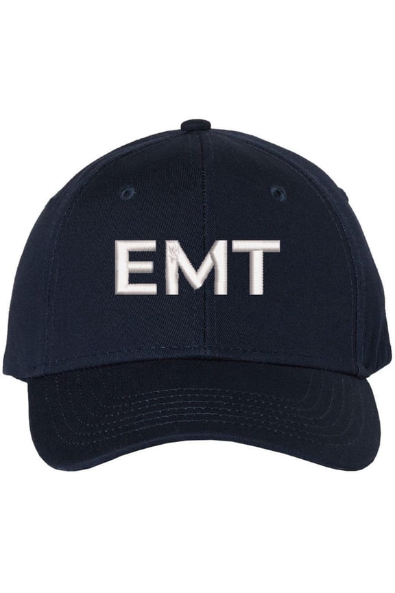 EMT Embroidered Text Baseball Cap | Emergency Medical Technician Paramedics Professional Hat | Structured (Navy/White)