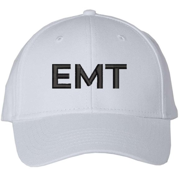EMT Embroidered Text Baseball Cap | Emergency Medical Technician Paramedics Professional Hat | Structured (White/Black)