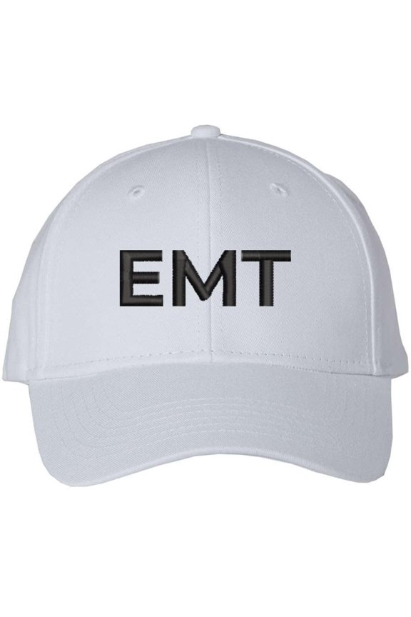 EMT Embroidered Text Baseball Cap | Emergency Medical Technician Paramedics Professional Hat | Structured (White/Black)