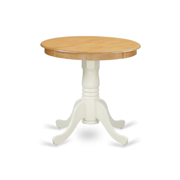 EMT-OLW-TP Eden Dining Table - Rubber Wood, Oak Finish Table Top, 30" Round, Linen White Pedestal - Elegant and Compact, Perfect for Small Spaces