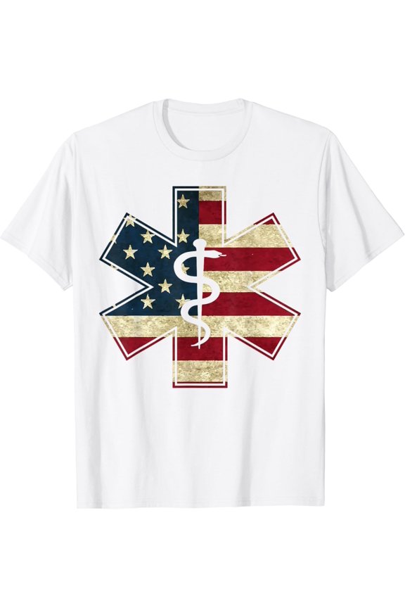 EMT Star of Life EMS First Responder EMTS American Flag Gift T-Shirt100% cotton