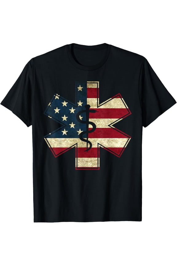 EMT Star of Life EMS First Responder EMTS American Flag Gift T-Shirt100% cotton