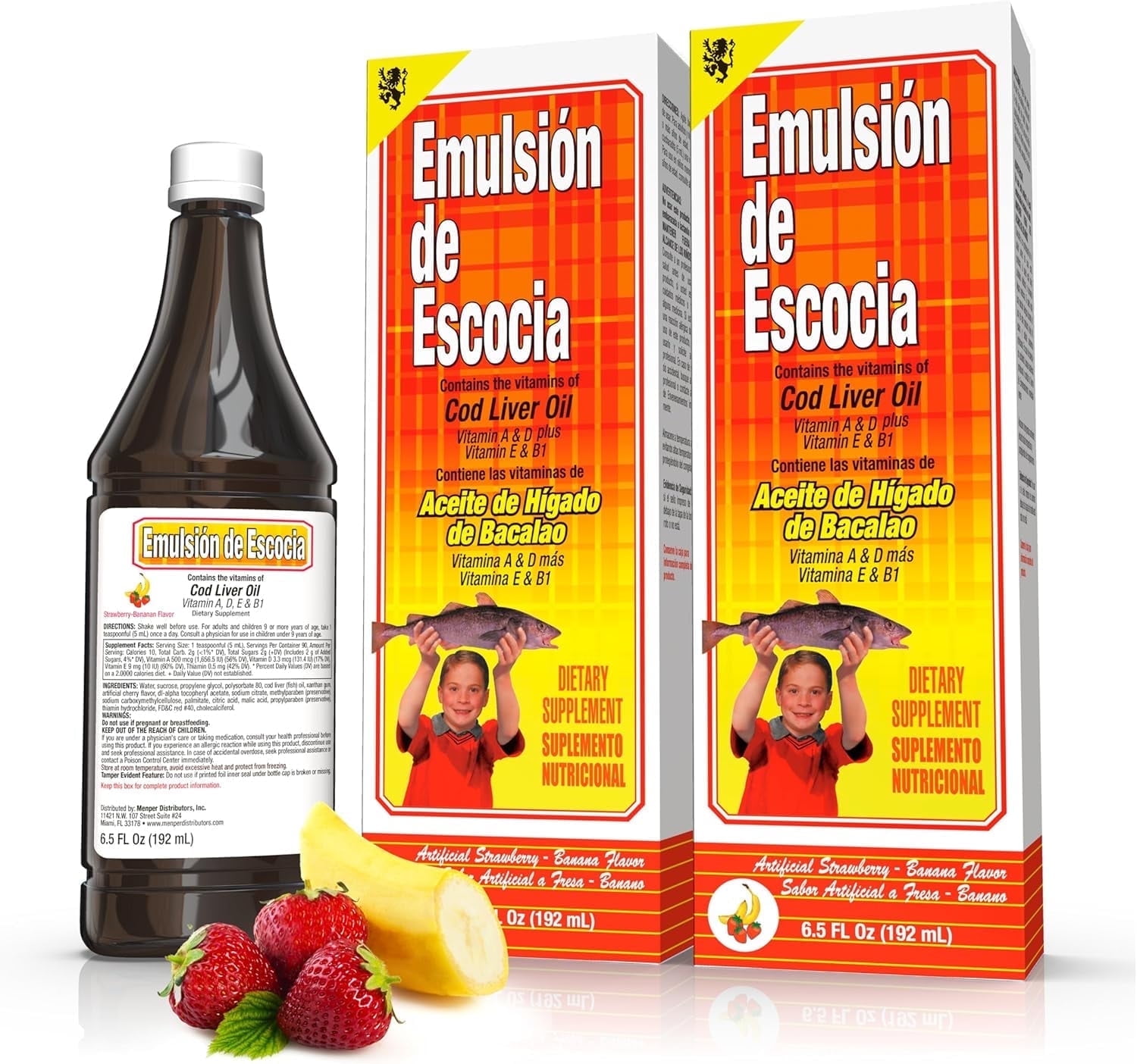 Emulsion De Escocia Cod Liver Oil Liquid Multivitamin Supplement, Supports Immune System, Bone & Brain Health, Strawberry Banana Flavor, 2 Pack