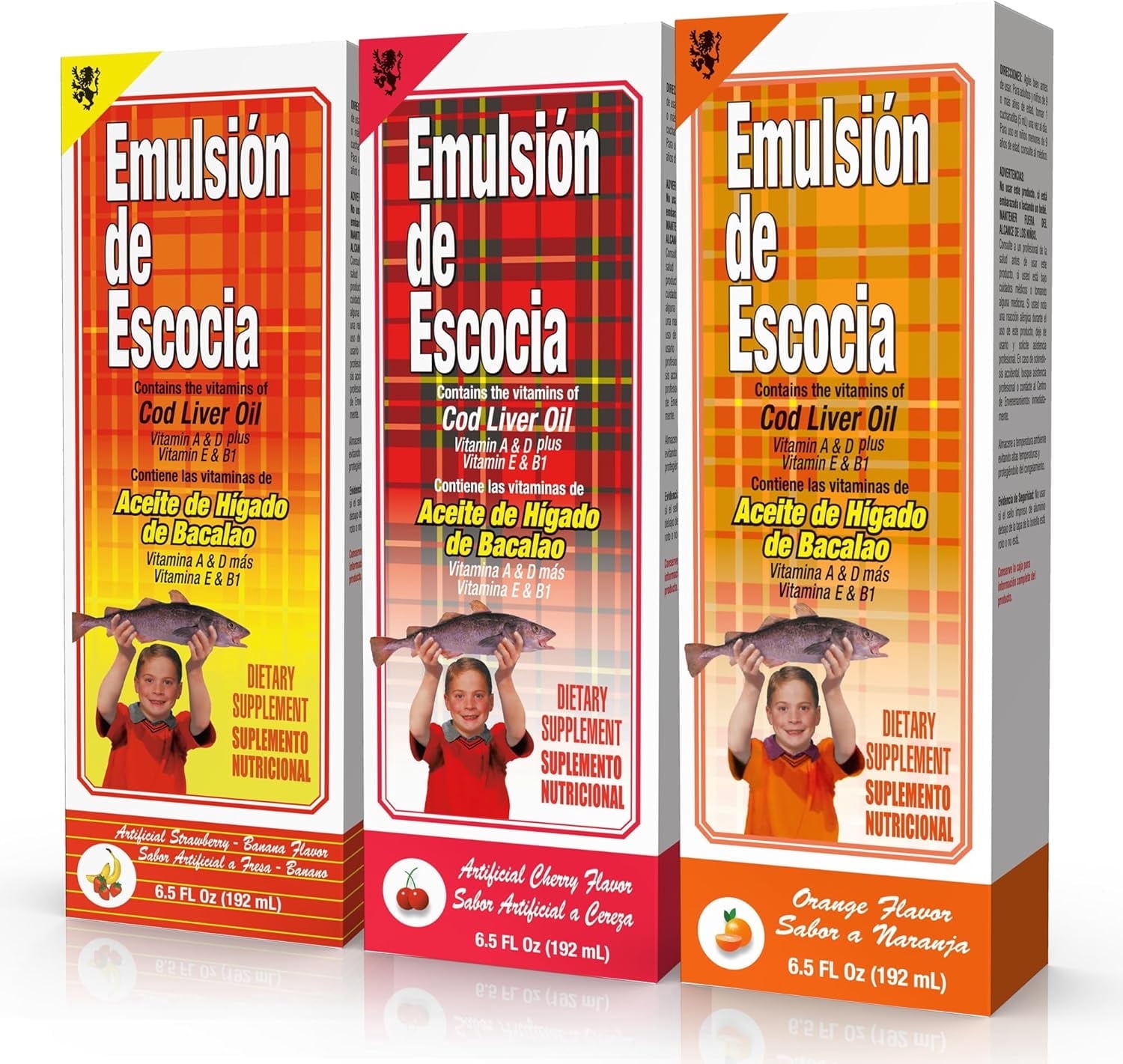 Emulsion De Escocia Cod Liver Oil Liquid for Kids – Cherry, Orange & Strawberry Banana – Omega 3, Vitamins A, D, E & B1 – Dietary Supplement – 6.5 Fl Oz | 3-Pack