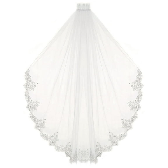 ENBRIDE Bridal Veil Wedding Veil with Lace Edge Adorned with Silver Bead, Sequin and Pearl (#C263)