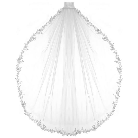 ENBRIDE Handmade Couture Bridal Veil wih Handmade Beautiful Designer Alencon Lace Edge Embellished with Silver Seed Bead & Etc. (#C246wh)