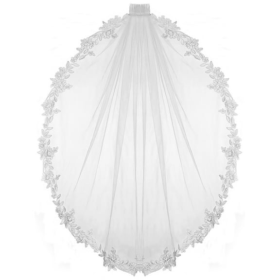 ENBRIDE Wedding Veil Bridal Veil of Designer Alencon Lace Edge Adorned with Tiny Pearl, Sequins, Seed Bead and Bugle Bead (#C237wh)