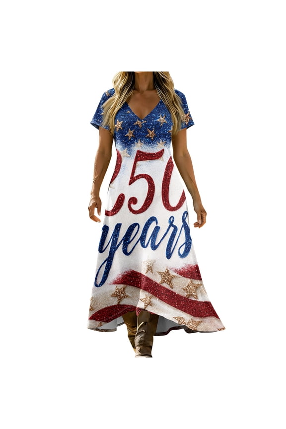 250th Anniversary USA Dress Women Summer V Neck Sleeveless Vest Pockets American Flag Loose for Beach BBQ,Royal Blue M