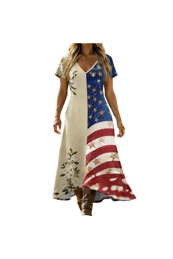 250th Anniversary USA Dress Women V Neck Sleeveless Pocket Independence Day Flag Loose Sun for Parade,Royal Blue S