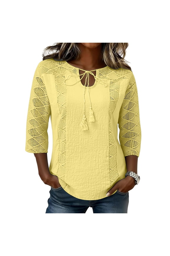 3/4 Length Sleeve Womens Tops Lace-Panel Solid Color U-Neck Casual Blouse, Feminine Spring Summer Top,Yellow S