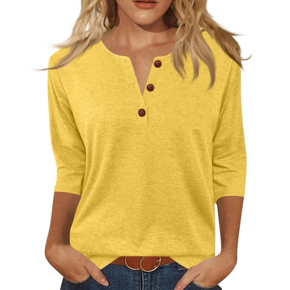 Minjewel 3/4 Sleeve Womens Tops Button Down Collar Casual T-Shirt, Preppy Style Three Quarter Sleeve Tee,Yellow XL