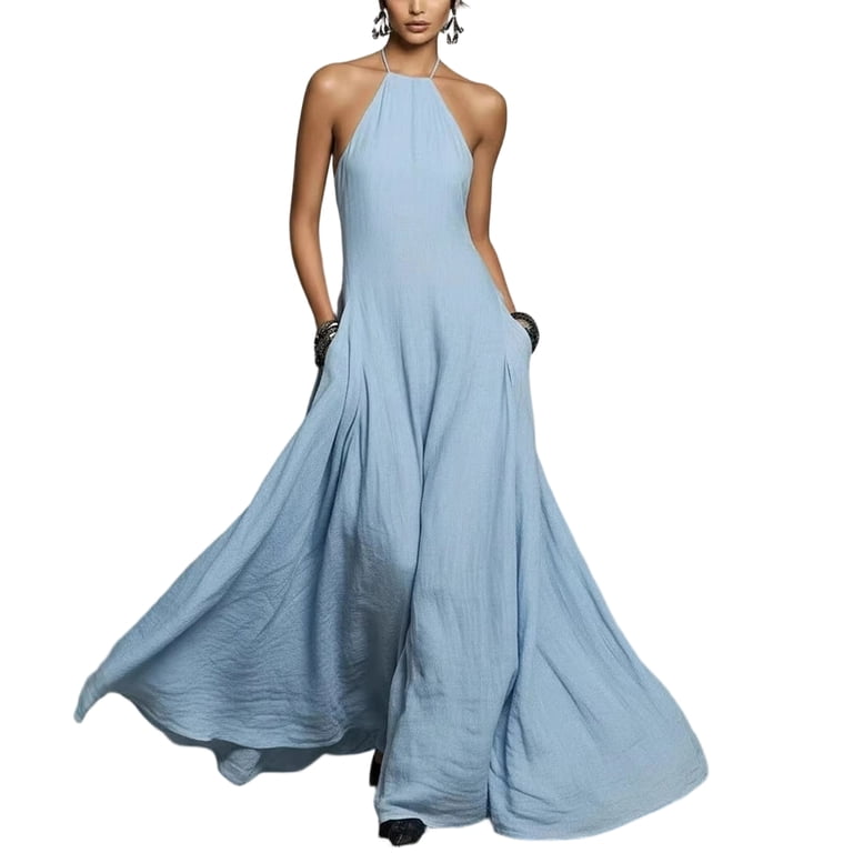 sexy backless halter dress Minjewel Dresses for Women Neck Minimalist Casual Slim Fit Lightweight Sundress Ideal for Party and Daily Occasions,Blue XL minidress Size:us-2 lounge wear High Neck Open Back