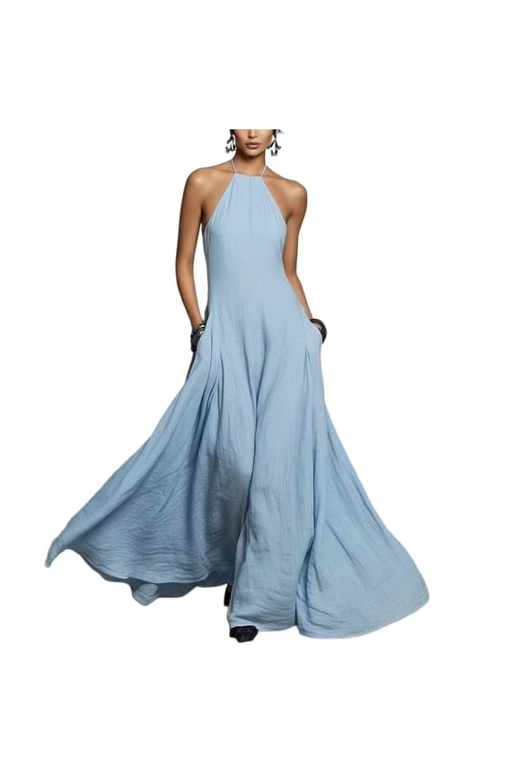 Dresses for Women Halter Neck Backless Dress Minimalist Casual Sexy Slim Fit Lightweight Sundress Ideal for Party and Daily Occasions,Blue M
