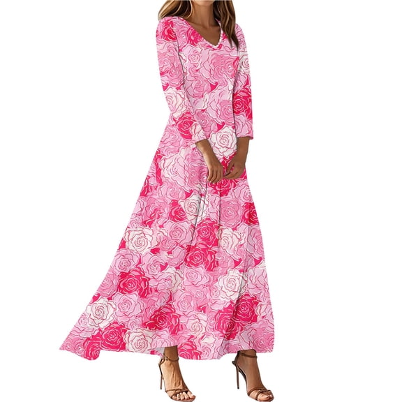 Minjewel Maxi Dresses for Women Vintage Tunic Waisted Midi Dress Summer Casual 3/4 Sleeve V Neck Floral Print Boho Style A Line Beach Vacation Dress,Pink L