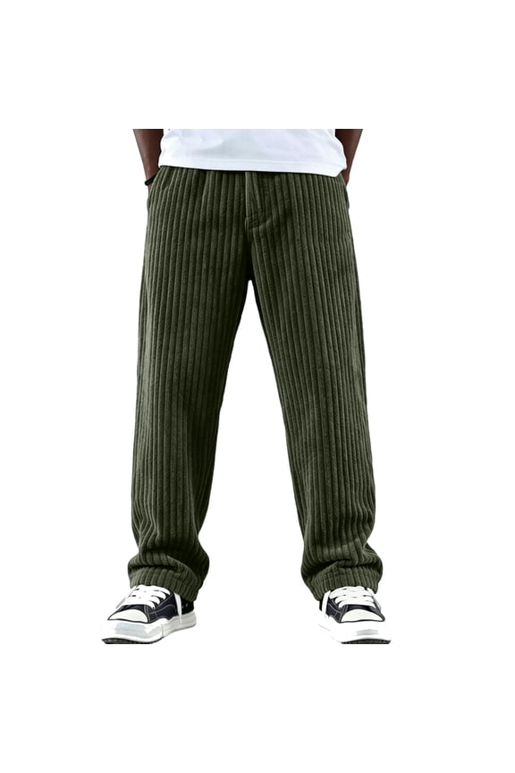 Men's American Vintage Vertical Stripe Corduroy Pants Loose Straight Leg Casual Trousers Army Green L