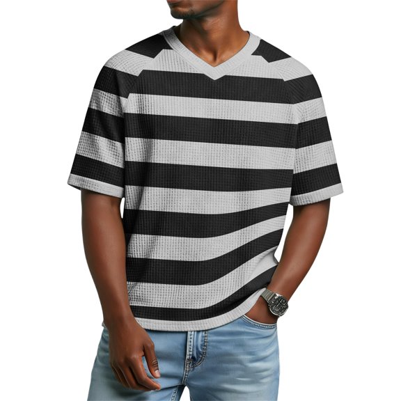 ENCCRWIN Men's Casual Short Sleeve Tops Color Block Stripe V-Neck Raglan for Baseball Training Outdoor Sports Summer Active Comfort,Black 2XL