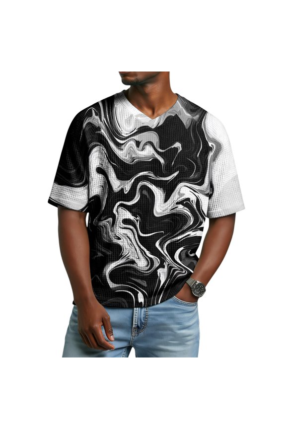 Men's Casual Short Sleeve Tops Tie-Dye Print V-Neck Raglan for Music Festival Outdoor Party Summer Vacation Comfort Style,Black L