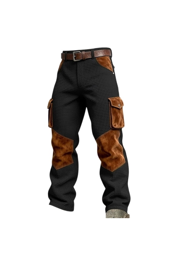 Men's Casual Waffle Knit Vintage Cargo Pants Color Block Tactical Trousers Black M