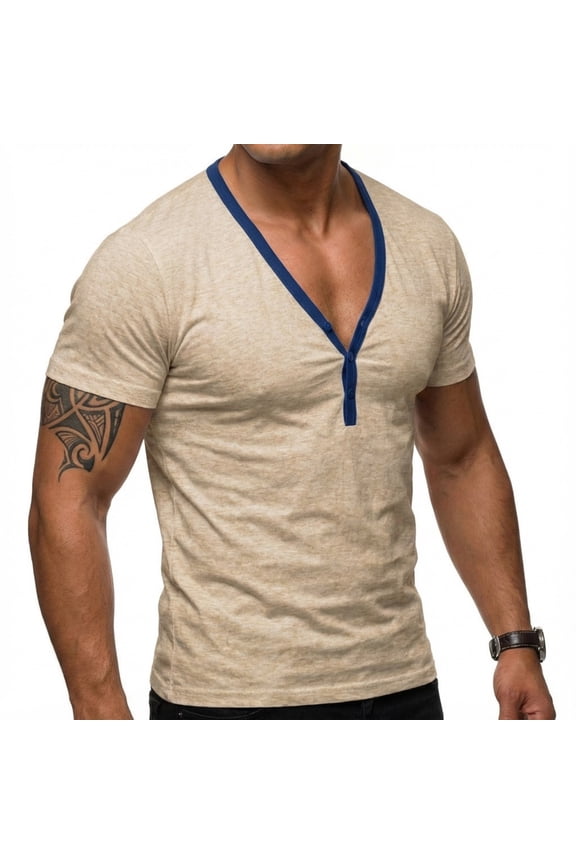 Men's Color-Blocked Low-Cut V-Neck Short-Sleeve T-Shirt, Casual Sportswear Base Layer for Gym, Workout, and Fitness Fashion with Modern Style,Complexion