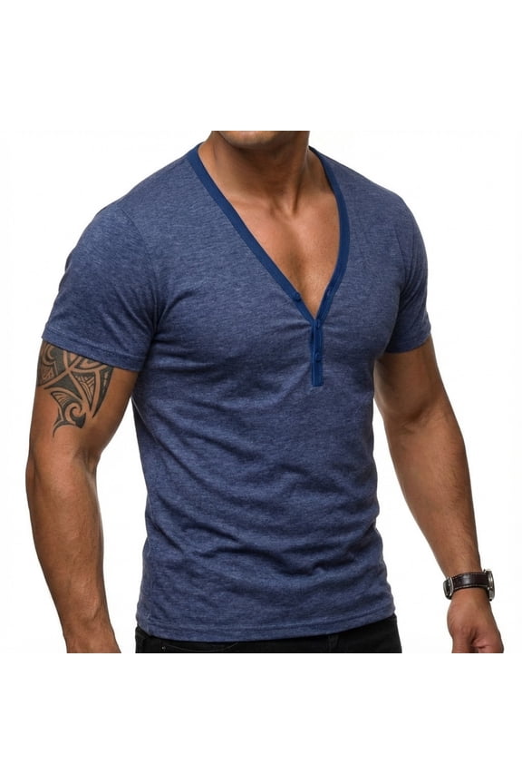 Men's Color-Blocked Low-Cut V-Neck Short-Sleeve T-Shirt, Casual Sportswear Base Layer for Gym, Workout, and Fitness Fashion with Modern Style,Dark Blue