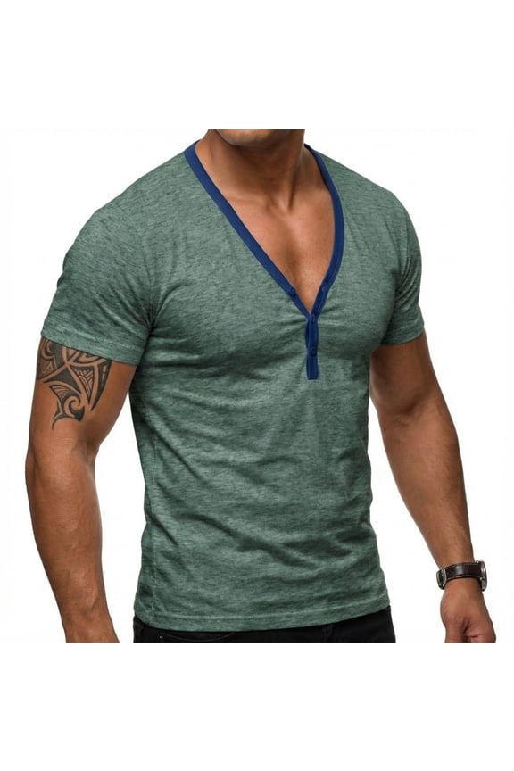 Men's Color-Blocked Low-Cut V-Neck Short-Sleeve T-Shirt, Casual Sportswear Base Layer for Gym, Workout, and Fitness Fashion with Modern Style,Dark Green