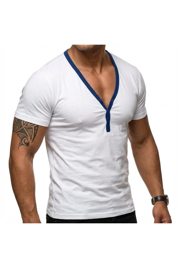 Men's Color-Blocked Low-Cut V-Neck Short-Sleeve T-Shirt, Casual Sportswear Base Layer for Gym, Workout, and Fitness Fashion with Modern Style,White
