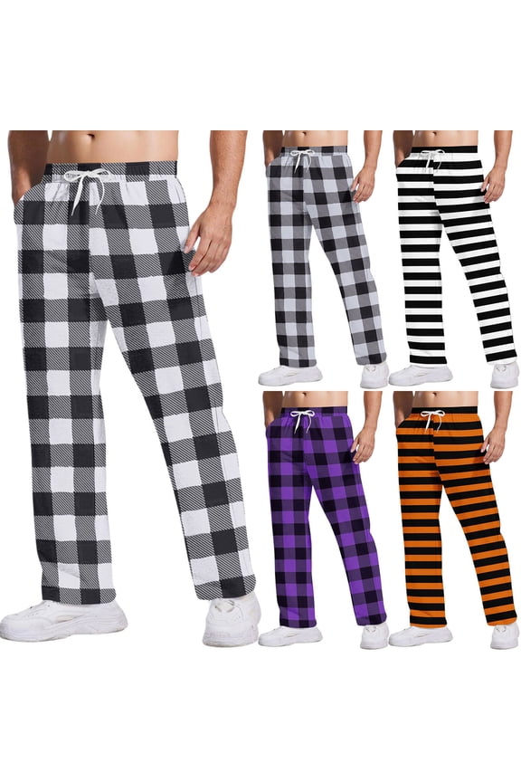 Men's Printed Relaxed-Fit Pants, Stripe and Check Pattern, Elastic Waist with Drawstring, Ideal for Casual Outings and Home Wear,Gray M