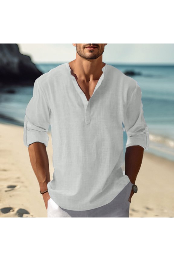 Men's Retro Casual Long Sleeve Shirt, Loose Fitting Breathable Top with Fashion Stand Collar, Printed Linen Blend Shirt for Daily Wear,Gray