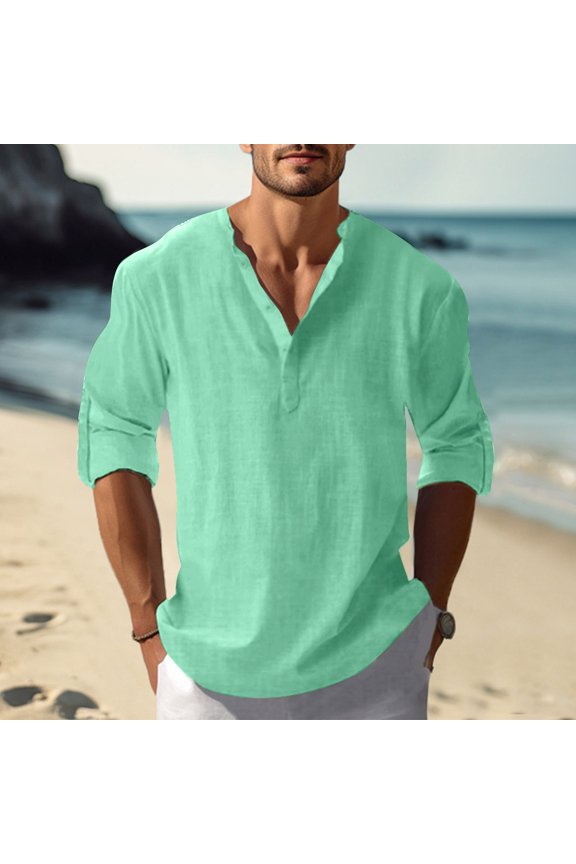 Men's Retro Casual Long Sleeve Shirt, Loose Fitting Breathable Top with Fashion Stand Collar, Printed Linen Blend Shirt for Daily Wear,Green