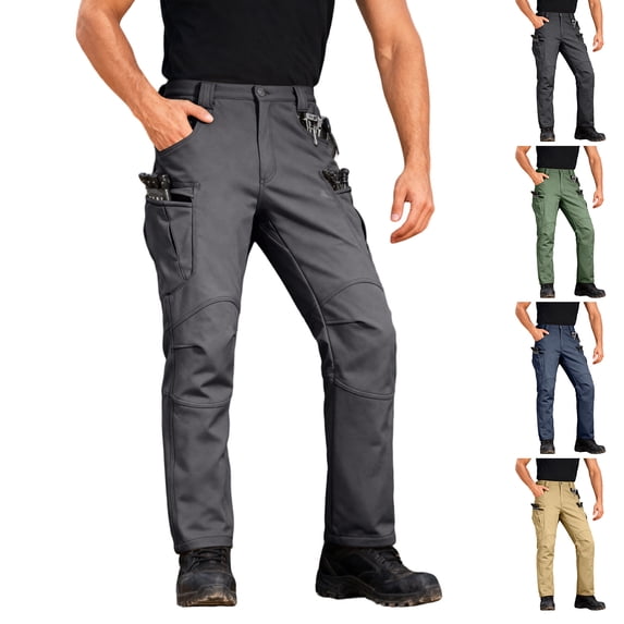 ENCCRWIN Men's Ripstop Tactical Cargo Pants, Water-Resistant, Multi-Pocket Design with Fleece Lining for Hiking, Camping, Fishing, and Construction Work,Khaki 3XL