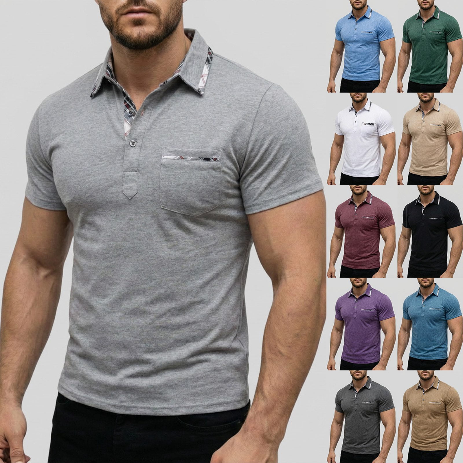 ENCCRWIN Men's Solid Color Short Sleeve Button-Down Lapel Shirt ...