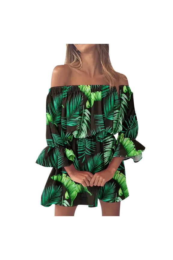 Minjewel Spring Dresses for Women Casual Sexy One Shoulder Mid Waist Printed Ruffle Sleeve A-Line Dress (AI Model),Green M