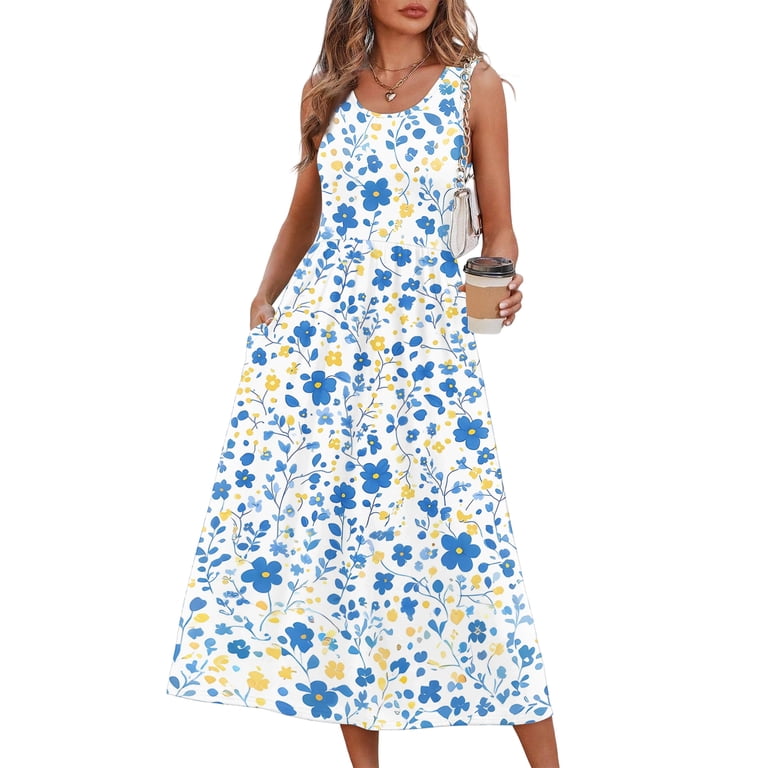 ENCCRWIN Summer Dresses for Women Elegant Casual Flowy Midi Dress Beach Vacation Sundress with Pockets Lightweight Breathable Soft Fabric Daily Wear Dress,Light Blue 3XL