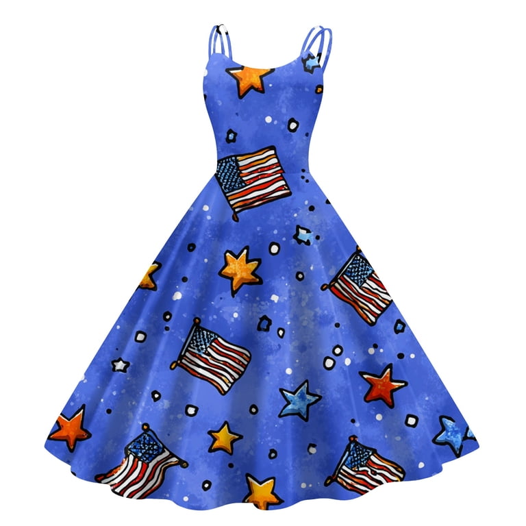 red white and royal blue dress ENCCRWIN Women's 4th of July Retro Sleeveless V Neck Pockets Flowy Midi Soft for Daily,Royal Blue M Published by St