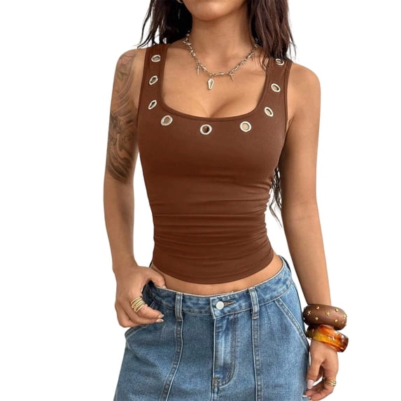Minjewel Women's Tank Tops Casual Stylish Slim Fit Sleeveless Metal Eyelets Square Neck for Summer Night Beach,Khaki 3XL